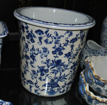 Blue and White Delicate Flower Vine, Luxury Handmade Chinese Porcelain, 10 Inch Wastebasket, Style 922
