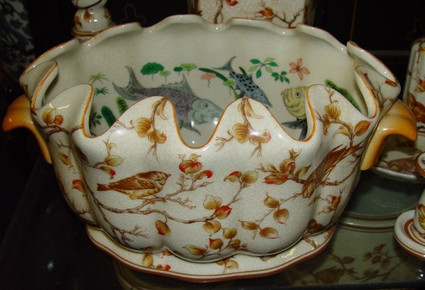 Creme and Orange Autumn Scene - Luxury Handmade Chinese Porcelain - 12 Inch Scalloped Rim Foot Bath | Centerpiece Planter - Style C591