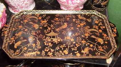 Ebony Black and Gold Pagoda, Luxury Handmade Reproduction Chinese Porcelain, 18L x 10w x 1t Display or Vanity Tray, Style 194