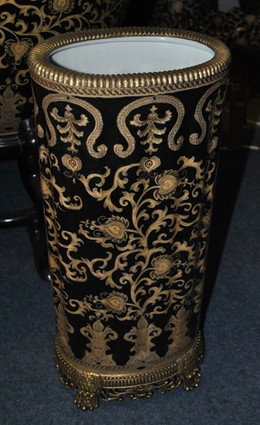 Ebony Black and Gold Lotus Scroll, Luxury Handmade Reproduction Chinese Porcelain and Gilt Brass Ormolu, 21 Inch Umbrella Storage Vase, Stand Style D378