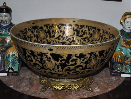Ebony Black and Gold Lotus Scroll - Luxury Handmade Reproduction Chinese Porcelain and Gilt Brass Ormolu - 14 Inch Centerpiece Bowl - Style B927|78