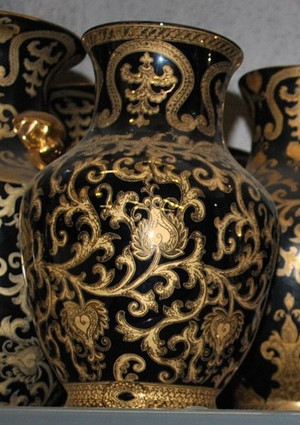 Ebony Black and Gold Lotus Scroll - Luxury Handmade Reproduction Chinese Porcelain - 14 Inch Wide Mouth Mantel Vase - Style 641