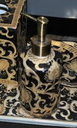 Ebony Black and Gold Lotus Scroll, Luxury Handmade Reproduction Chinese Porcelain, 06 Inch Lotion or Soap Dispenser, Style G094 or N094