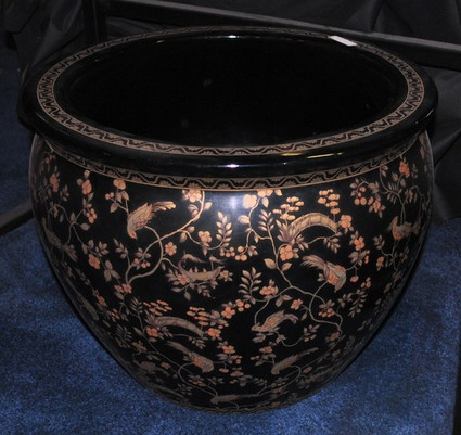 Ebony Black and Gold Pagoda - Luxury Hand Painted Reproduction Chinese Porcelain - 30 Inch Fish Bowl | Fishbowl Planter or Table Base Style 35