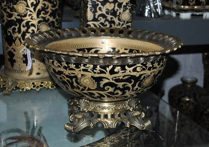 Ebony Black and Gold Lotus Scroll - Luxury Handmade Reproduction Chinese Porcelain and Gilt Brass Ormolu - Statement 16 Inch Centerpiece | Display Bowl - Style F78