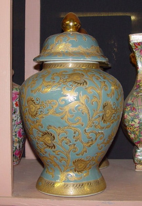 Medium Blue and Gold Lotus Scroll - Luxury Handmade Reproduction Chinese Porcelain - 14 Inch Covered Temple Jar - Style 1