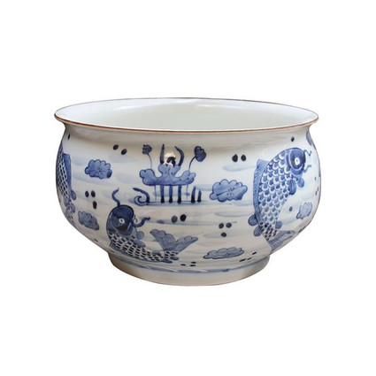 Blue and White Decorative Porcelain Orchid Pot, Planter, Bowl - 15.5 Inch Diameter