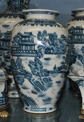 Indigo Blue and White Pagoda - Luxury Handmade Reproduction Chinese Porcelain - 12 Inch Tabletop Vase | Jardiniere - Style 807