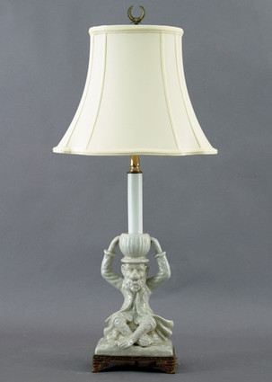 White Crackle Pattern - Luxury Hand Painted Porcelain and Gilt Bronze Ormolu - 27 Inch Monkey Buffet Lamp