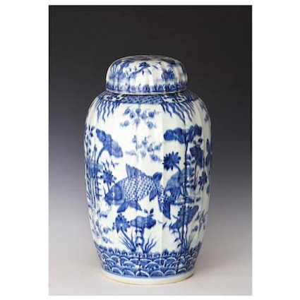 Blue and White Porcelain Fluted Tea Jar - 19 Inches Tall