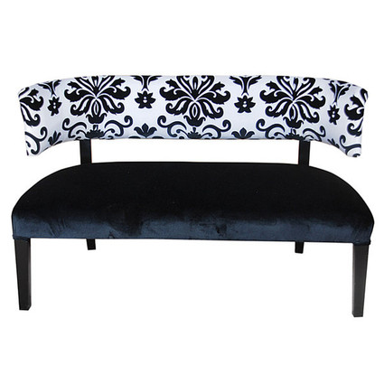 Black & White Damask Print - Hardwood 52 Inch Settee - Ebony Finish