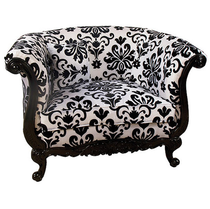 Black & White Damask Print Hardwood Hand Carved - 48 Inch Tub Bergere Chair - Ebony Finish