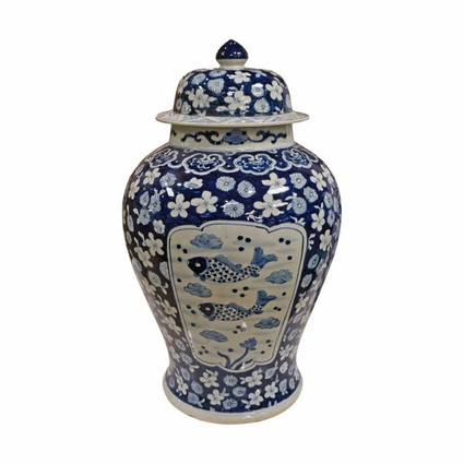 Blue and White Porcelain Temple Jar - 21.5 Inches Tall