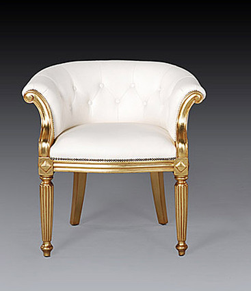 Hardwood Hand Carved and White Tufted Leather Louis XVI Style - 30.5 Inch Bergere Chair - Gold Finish