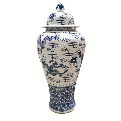 Blue and White Porcelain Temple Jar - 38 Inches Tall