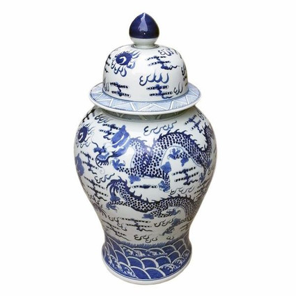 Blue and White Porcelain Temple Jar - 29 Inches Tall