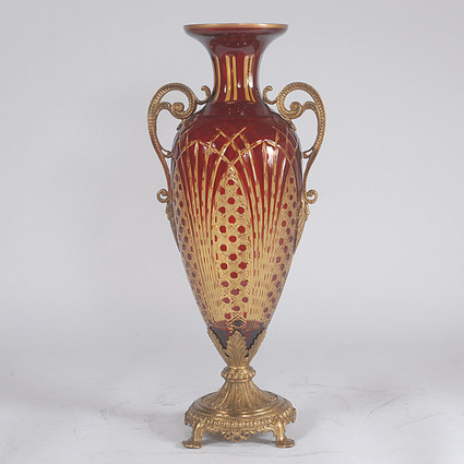 Hand Cut Jewel Red Bohemian Czech Crystal - 26 Inch Vase - Guilded Bronze Mounts
