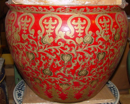 French Red and Gold Lotus Scroll - Luxury Handmade Reproduction Chinese Porcelain - 20 Inch Fish Bowl | Fishbowl | Planter | Lamp Table Base Style 35