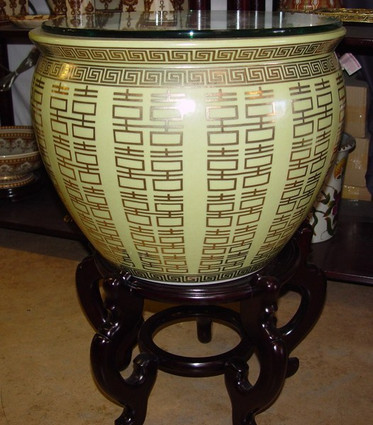 Double Happiness Butter Creme and Gold - Geometric Luxury Handmade Reproduction Chinese Porcelain - 18 Inch Fish Bowl | Fishbowl | Planter | Cocktail Table Base Style 35