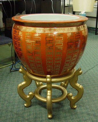 Double Happiness Orange and Gold - Geometric Luxury Handmade Reproduction Chinese Porcelain - 20 Inch Fish Bowl | Fishbowl | Planter | Lamp Table Base Style 35
