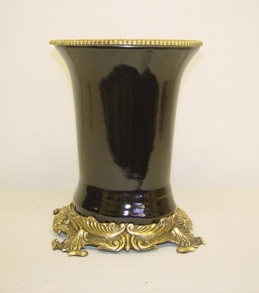 Ebony Black Glaze Decorator Solid with D'or Brass Ormolu, Luxury Handmade Chinese Porcelain, Statement #12 Boudoir Wastebasket, Style C67
