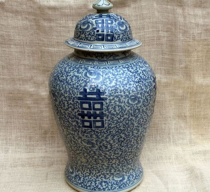 Blue and White Porcelain Temple Jar - 19.5 Inches Tall