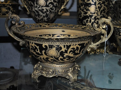 Ebony Black and Gold Lotus Scroll - Luxury Handmade Reproduction Chinese Porcelain and Gilt Brass Ormolu - 11 Inch Statement Bowl - Style Q78 Ebony Black and Gold Lotus Scroll - Luxury Handmade Reproduction Chinese Porcelain and Gilt Brass Ormolu - 11 Inch Statement Bowl - Style Q78