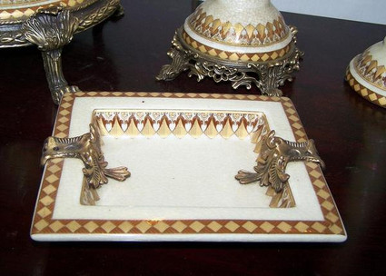 Neo Classical Ivory and Gold - Luxury Handmade Reproduction Chinese Porcelain and Gilt Brass Ormolu - 7.5 Inch Small Decorative Rectangular Dish Style E209