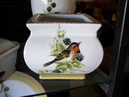 Bluebird Nature Scene - Luxury Handmade Reproduction Chinese Porcelain - 8 Inch Square Orchid Pot, Planter - Style 93A