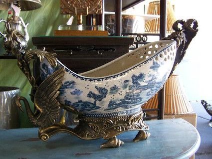 Indigo Blue and White Pagoda - Luxury Handmade Reproduction Chinese Porcelain and Gilt Brass Ormolu - 24.5 Inch Statement Bowl | Centerpiece - Style A159