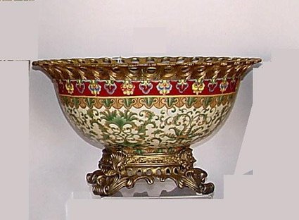 Chinese Red and Fern Green - Luxury Handmade Reproduction Chinese Porcelain and Gilt Brass Ormolu - 16 Inch Decorative Display Bowl | Centerpiece Style F78
