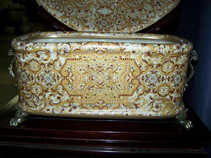 Style E593 - Rectangular Centerpiece | Statement Planter | Burgundy Medallion and Gold - Luxury Handmade Chinese Reproduction Porcelain and Gilt Brass Ormolu - 21L x 11d x 9t