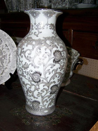 White and Sterling Silver Lotus Scroll - Luxury Handmade Reproduction Chinese Porcelain - 12 Inch Mantel Vase | Jardiniere - Style 3