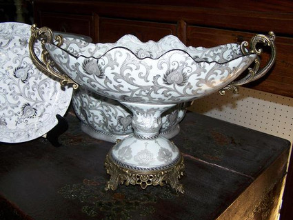 White and Sterling Silver Lotus Scroll - Luxury Handmade Reproduction Chinese Porcelain and Gilt Brass Ormolu - 19 Inch Footed Centerpiece Bowl Style B358