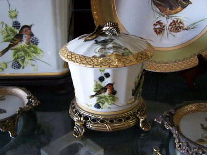 Bluebird Nature Scene, Luxury Handmade Reproduction Chinese Porcelain and Gilt Brass Ormolu, 7 Inch Tabletop Pet Treat or Covered Dish Style B236