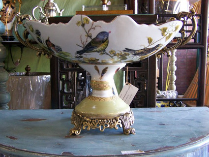 Bluebird Nature Scene - Luxury Handmade Reproduction Chinese Porcelain and Gilt Brass Ormolu - 19 Inch Footed Centerpiece Bowl Style B358
