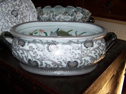 Style 591 - White and Sterling Silver Lotus Scroll - Luxury Handmade Reproduction Chinese Porcelain - 22 Inch Foot Bath | Planter | Centerpiece Style 591