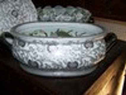 Style 591 - White and Sterling Silver Lotus Scroll - Luxury Handmade Reproduction Chinese Porcelain - 16 Inch Foot Bath | Planter | Centerpiece Style 591