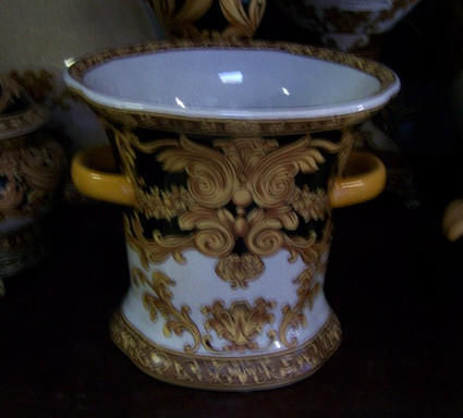 Ebony Black and Gold Acanthus - Luxury Handmade Reproduction Chinese Porcelain - 7.5 Inch Decorative Container | Planter Style 67