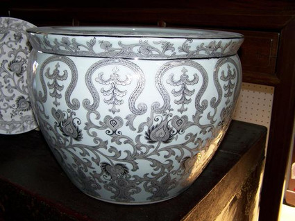 White and Sterling Silver Lotus Scroll - Luxury Handmade Reproduction Chinese Porcelain - 08 Inch Fish Bowl | Fishbowl | Planter Style 35