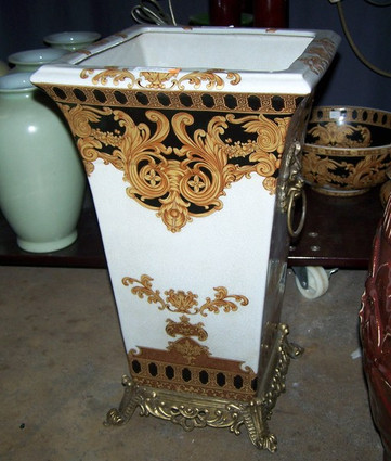 Ebony Black and Gold Acanthus, Luxury Handmade Reproduction Chinese Porcelain and Gilt Brass Ormolu, 20 Inch Tapered Square Umbrella Storage Statement Vase, Style B967