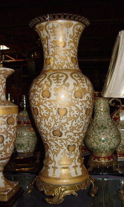 Ivory and Gold Lotus Scroll Arabesque with Gilded Brass Ormolu - Luxury Handmade Reproduction Chinese Porcelain - Statement 27 Inch Palace Vase | Tabletop Jardiniere - Style New