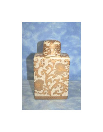 Ivory and Gold Lotus Scroll Arabesque - Luxury Handmade Reproduction Chinese Porcelain - Customizable 6 Inch Square Shaped Decorative Covered Jar Style E94