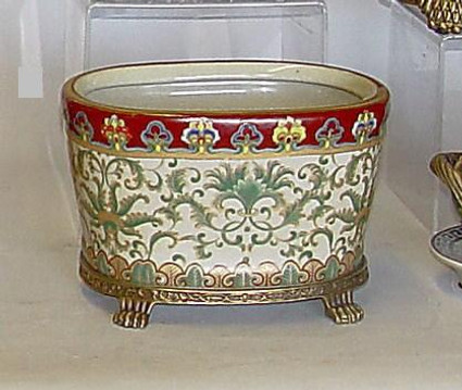 Style 591A - Flower Bowl | Centerpiece Planter - | Chinese Red and Fern Green - Luxury Handmade Reproduction Chinese Porcelain and Gilt Brass Ormolu - 10 Inch