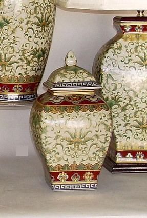 Chinese Red and Fern Green - Luxury Handmade Reproduction Chinese Porcelain - 12 Inch Decorative Covered Jar Style S14