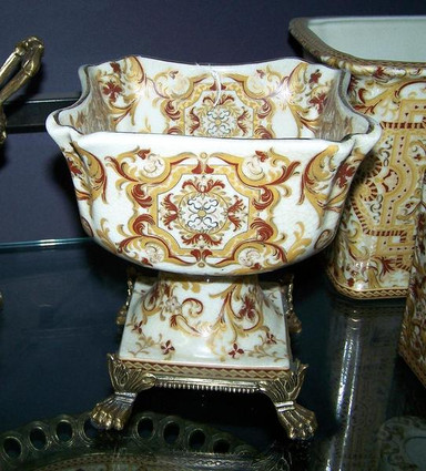 Burgundy Medallion and Gold - Luxury Handmade Reproduction Chinese Porcelain and Gilt Brass Ormolu - 8 Inch Square Serpentine Pedestal Candy Dish Style A74