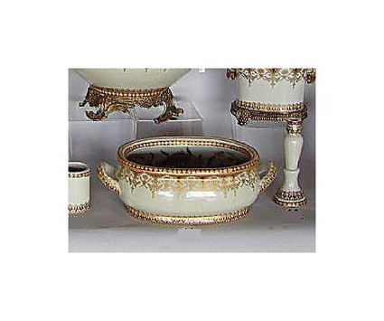 Style 591 - Neo Classical Ivory and Gold - Luxury Handmade Reproduction Chinese Porcelain - 16 Inch Foot Bath | Planter | Centerpiece Style 591