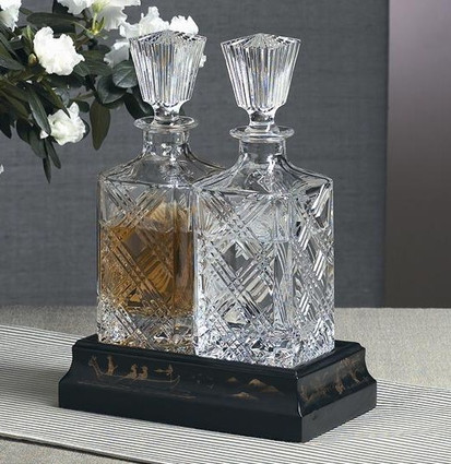 Florentine Cross Hatch Pattern - Chinoiserie Wooden Stand and 11 Inch Cut Crystal Decanter Set - Hand Painted Finish