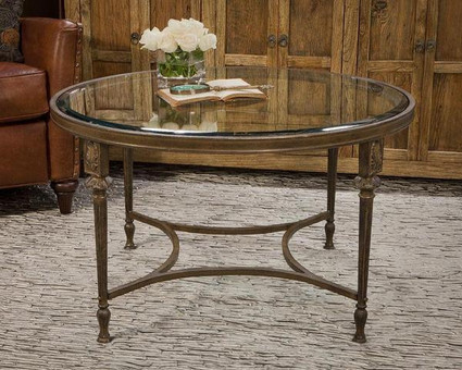Contemporary Aluminum Acanthus - Accent Coffee | Cocktail Table with 30 Inch Round Beveled Glass Top - Antiqued Bronze Finish