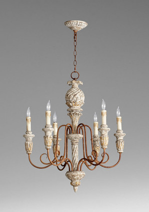 A French Country Style - Turned Wood and Wrought Iron Six Light, 31.5L x 25 Round Chandelier - Distressed Shabby Chic Finish